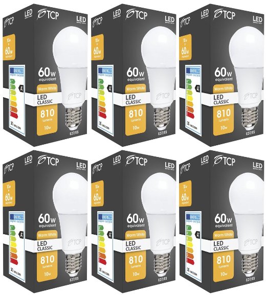 6 Pack TCP 10W E27 LED Bulb GLS Edison Screw LED Lights Ultra Bright 810 Lumen2700K Warm White 230deg Beam Angle replaces old 60-70W A60 Globe Bulbs