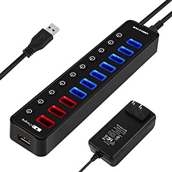 Powered USB Hub Splitter - 11 Ports High Speed USB 3.0 Hub (7 ports USB Data Hub   4 Smart Charging Ports) with Individual On/Off Switches & Power Adapter for MacBook, Laptop, PC, Smartphones