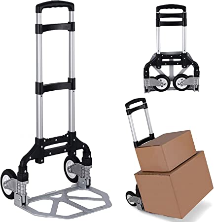 Folding Hand Truck Portable Folding Hand Cart Aluminum Dolly Cart Push Truck Trolley Black Maximum Load 175 lbs, with Black Bungee Cord, Telescoping Handle, Rubber Wheels with Double Bearings