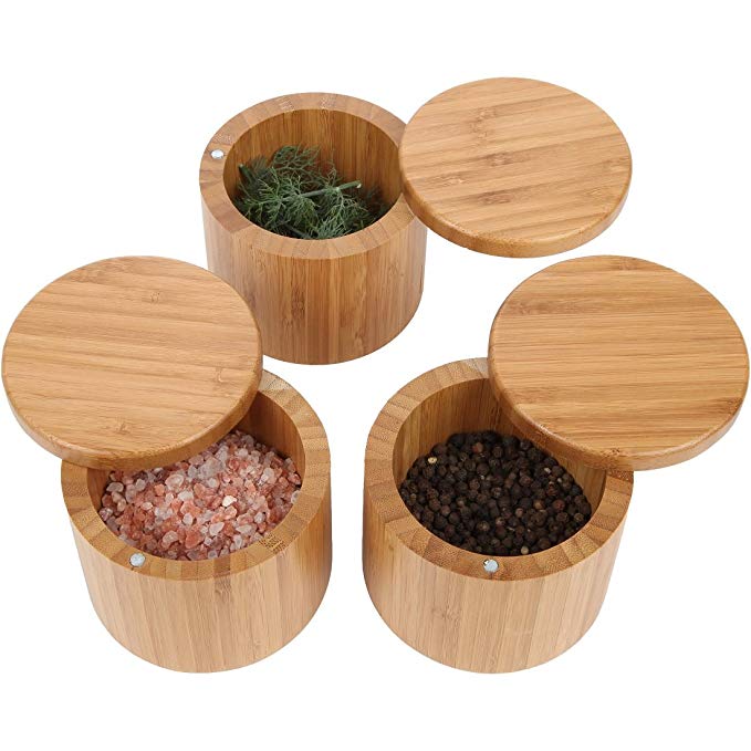 Lily's Home Round Bamboo Jar, Salt and Spices Storage Containers, Small 6oz Salt Box With Magnetic Lock. Set of 3 Wood Boxes