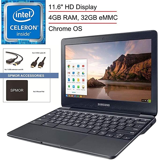 2020 Samsung 11.6" Chromebook Laptop Computer, Intel Celeron N3060 up to 2.48 GHz, 4GB Memory, 32GB eMMC, 802.11ac WiFi, Bluetooth, USB 3.0, Black, Chrome OS, SPMOR Accessories.