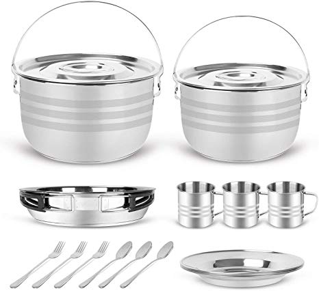 Odoland 15pcs Camping Cookware Mess Kit, Stainless Steel Camping Cooking Pots Pan with Base Cook Set for 3, Plates, Cups, Forks and Spoons for Camping, Hiking, BBQ and Picnic