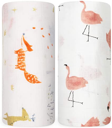 Baby Swaddle Blanket Newborn, Bamboo Muslin Swaddle Blankets Unisex, Swaddle Wrap Soft Silky Neutral Receiving Blanket for Girls and Boys, 47 x 47 inches, Set of Fox & Flamingo