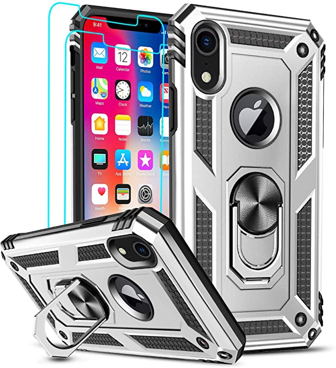 LeYi Compatible for iPhone XR Case with [2PCS] Tempered Glass Screen Protector for Women Men Teens, [Military-Grade] Protective Phone Case with Ring Kickstand for Apple iPhone XR 10 10 XR, Silver