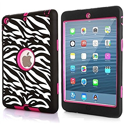 iPad mini 3 / 2 / 1 Case, Hocase Double Layer Rugged Hard Rubber Protective Case Cover for Apple iPad mini 1 / 2 / 3 - Black Zebra / Deep Pink