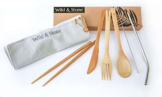 Organic Reusable Bamboo Picnic Cutlery Set | Ideal for Travel, Festivals, Lunch, Camping | Spoon, Fork, Knife, Chopsticks and Stainless Steel Straw in Linen Bag | by Wild & Stone | 8 Pieces