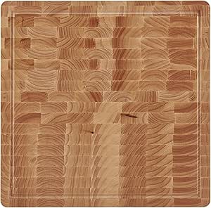 Farberware Thick End Grain Rubberwood Cutting Board with Juice Groove and Finger Grips, 16x16 Inch, Rubberwoood