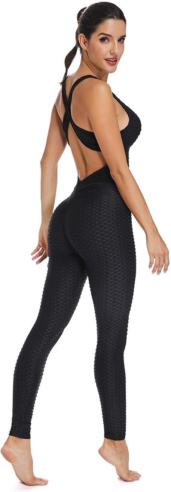 FITTOO Womens Sexy Backless Workout Romper Jumpsuit Textured One Piece Activewear