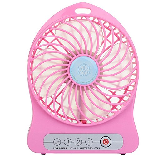 Welltop® Electric Portable Mini fan Rechargeable Desktop Fan 4-inch Vanes 3 Speeds Battery/ USB Powered Household Summer Cooler Cooling Operated Cool Cooler Fan with 18650 Rechargeable Battery and USB Charge Cord (Pink)