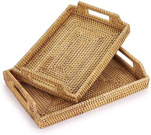 Hipiwe 2PCS Wicker Basket Serving Tray with Handles Handwoven Rattan Baskets Storage Trays Home Decorative Organizer Tray for Snack Fruit Breakfast Food Coffee Bread Gift for women Girls