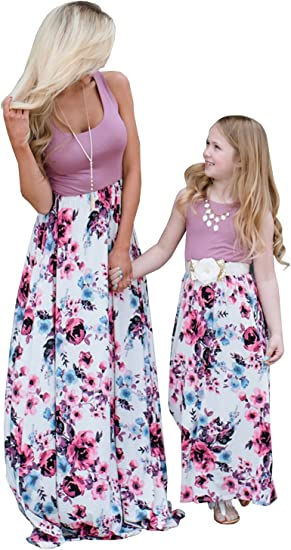 Mommy and Me Dresses Casual Floral Family Outfits Summer Matching Maxi Dress