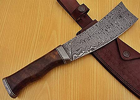 RK-L-1318- Custom Handmade Damascus Steel 12.00 Inches Cleaver style Knife - Exotic Wallnut Wood Handle