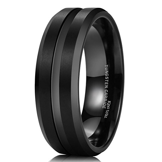 King Will 8mm Black Tungsten Carbide Wedding Band Ring Polished Finish Grooved Center Comfort Fit