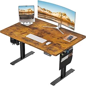 Veken 47.2x23.6 Inch Whole Piece 1-Inch Thick Standing Desk with Side Storage Pocket, Electric Adjustable Height Rising Table, Ergonomic Office Computer Desks for Workstation,Study,Gaming,Brown