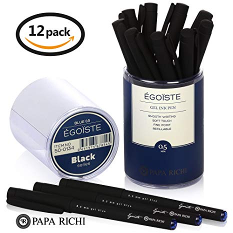 EGOIST Pens, Roller Ball Black or Blue Set, 0.5mm Smooth gel ink fine point. (12 Pens 0.5, blue)