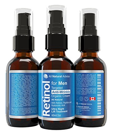 Men's Ultra Night Lift Retinol Moisturizing Cream • MADE IN CANADA • Double The Size 60 ml • Certified Organic • Retinol • Hyaluronic Acid • Peptide • Vitamin E • Natural Anti Aging Skin Care Reducing Wrinkles and Sun Spot