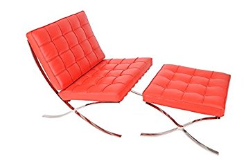 MLF Pavilion Chair & Ottoman. Premium Aniline Leather, High Density Foam Cushions & Seamless Visible Corners. Polished Stainless Steel Frame Riveted with Cowhide Saddle Straps.(Red)