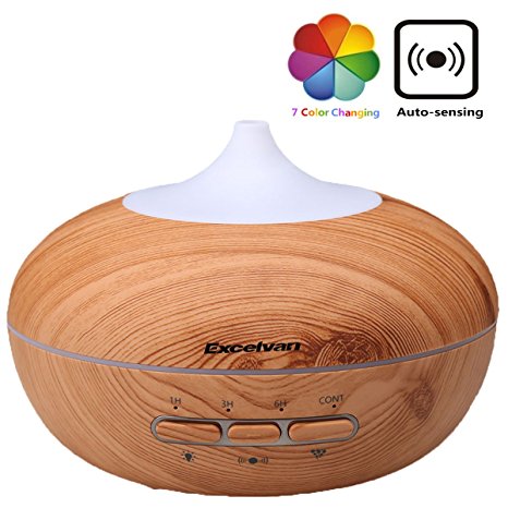 Auto-sensing Essential Oil Diffuser, Excelvan 300ML Aromatherapy Ultrasonic Aroma, Wood Grain Adjustable Mist Air Humidifier, Auto Shutoff for Office Home Bedroom Yoga Spa, 7 Color LED Lights Changing