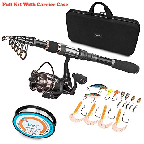 PLUSINNO Telescopic Fishing Rod and Reel Combos FULL Kit, Spinning Fishing Gear Organizer Pole Sets with Line Lures Hooks Reel and Fishing Carrier Bag Case Accessories