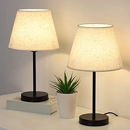 Bedside Table Lamps Set of 2, Modern Nightstand Lamps Small Desk Lamps for Bedroom, Living Room, Office, Dorm, with White Linen Shade & Metal Base (Without Bulb)