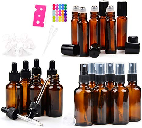 18 Amber Glass Essential Oil Bottles Pack - 6 amber glass eye dropper bottles (1 oz) - 6 amber glass sprayer bottles (2 oz) - 6 amber glass stainless roller bottles for essential oil (0.34 oz)