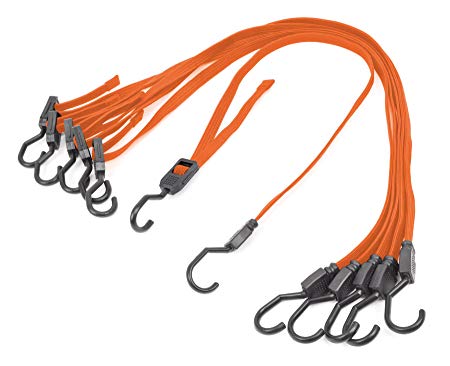 Powertye Mfg Changeable-Length Flat Bungee Cords Made with Premium Latex Rubber (adjusts from 12" to 45"), Metal Hooks with Hard Plastic Coating (6-Pack)