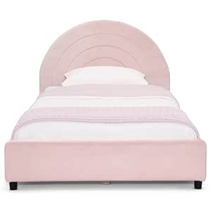 Delta Children Upholstered Twin Size Bed with Round Headboard, Premium Wood Slat Support, No Box Spring Needed, Easy Assembly, Pink/Velvet Quilted