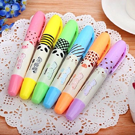 AngelAngel High Capacity Set Of 6 Cute Kawaii Cartoon Candy Scented 6 Colors Fluorescent Ink Markers highlighter Pens Bulk Gift Prizes For Kids School Students