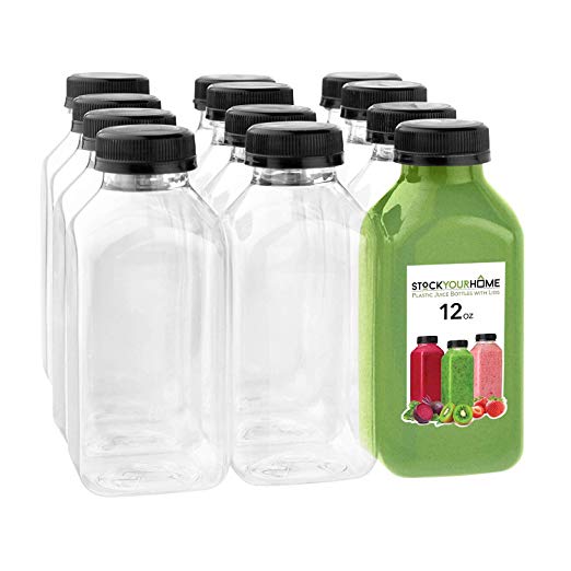 Plastic Juice Bottles with Lids, Juice Drink Containers with Caps for Juicing Smoothie Drinking Cold Beverages, 12 Oz, 12 Count