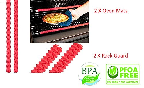 4 Piece SET 2 Large Teflon Oven Liners Mat   2 Silicon Oven Rack Guard /BPA and PFOA Free, FDA Approved for Electric Gas Microwave Ovens Charcoal or Gas Grills