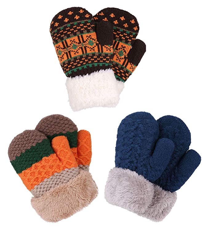 Verabella Boys & Girl's Sherpa Lined Fuzzy Cuff Winter Mittens Kids Knitted Gloves 3 Pairs