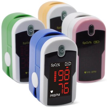 Concord Generation 3 Fingertip Pulse Oximeter Oximetry Blood Oxygen Saturation Monitor with silicon cover, batteries and lanyard - Green, Pink, Blue and Yellow