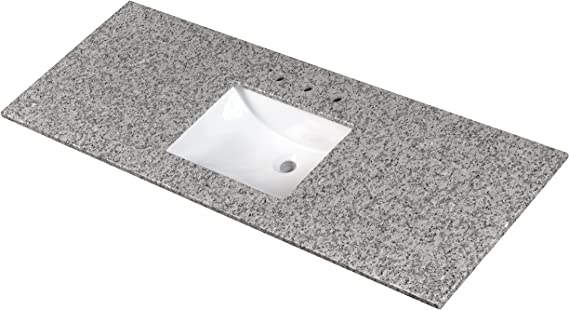 MS International Argento Grigio Vanity Top with Under Mount Rectangle Single Bowl Ceramic Sink, Engineered Granite Stone, 4" CC Faucet Holes, 61"X22"