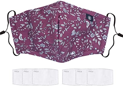 Cotton Mouth Cover with Filter Pocket - Reusable Washable Cotton Comfy Breathable Material with 6 Filters (Purple Leaves)