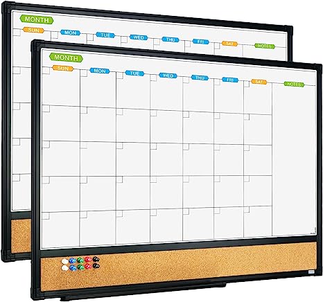 JILoffice Magnetic Calendar Whiteboard & Bulletin Corkboard Combination, Combo Board 24 x 18 Inch, 2 Pack, Black Aluminum Frame Wall Mounted Board for Office Home and School with 10 Push Pins