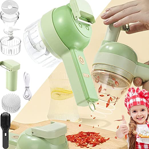 4 in 1 Handheld Electric Vegetable Cutter Set, Wireless Food Processor, Portable Vegetable Chopper for Garlic Pepper Chili Onion Celery Ginger Meat with Brush