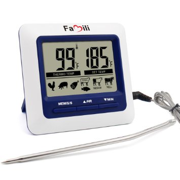 Famili MT004 Kitchen BBQ Digital Cooking Thermometer with Timer Alarm Functions Stainless Steel Probe on Braided Steel Cable for Use in Oven Grill or BBQ Easy Read Digital Display
