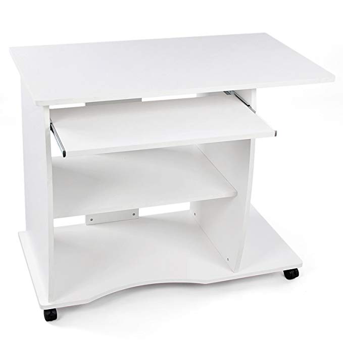 VASAGLE Computer Desk Study Table Movable Portable Trolley Workstation with Sliding Keyboard 2 Shelves 4 Wheels 90 x 50 x 75 cm White LCD751W