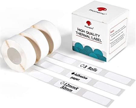 Phomemo D30 Adhesive White Label Paper 3/8" X 1 1/8" (12mm X 30mm) 210 Labels/Roll, Black on White, 3 Roll