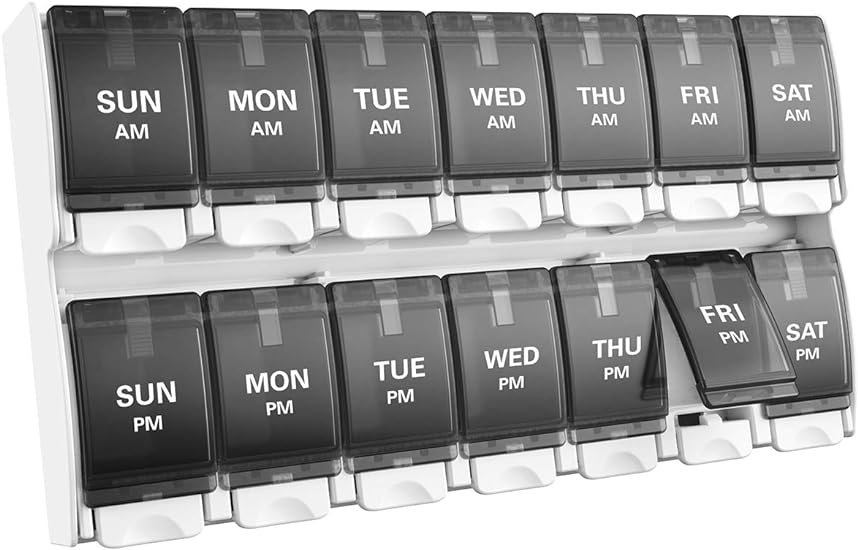 Sukuos Weekly 7 Day Pill Organizer, 2 Times A Day Pill Box Pill Cases (AM PM), BPA Free Medicine Organizer for Pills/Vitamin/Fish Oil/Supplements, Arthritis Friendly Push Button, Easy to Clean