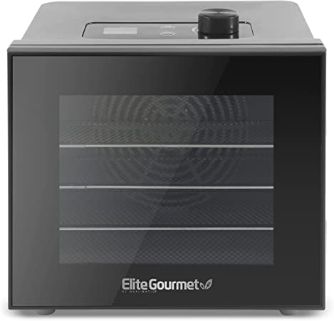 Elite Gourmet Food Dehydrator, Stainless Steel Trays Food Dehydrator, Adjustable Temperature Controls, Jerky Herbs Fruit Veggies Snacks, Black, 4 Trays (EFD308#)