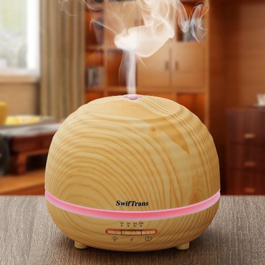 Essential Oil Diffuser, Swiftrans 300ml Aroma Wood Grain Ultrasonic Cool Mist Humidifier with 7 LED Color lights, 4 Timer Settings, Adjustable Mist Mode and Waterless Auto Shut-off for Office & Home