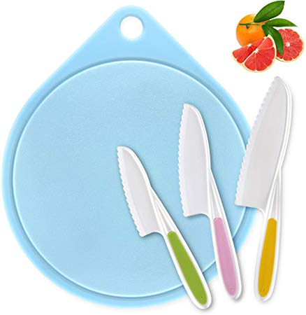 LEEFE kids Cooking Supplies Knife (3-Piece) and Cutting Board/Firm Grip, Safe Lettuce and Salad Knives, Real Kids Cooking Tool in 3 Sizes & Colors, Serrated Edges, BPA-Free (Blue)