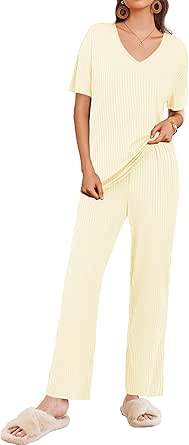 Ekouaer Lounge Sets for Women Short Sleeve Top and Long Pants Ribbed Knit Pajama Set 2 Piece PJ Sets Outfits