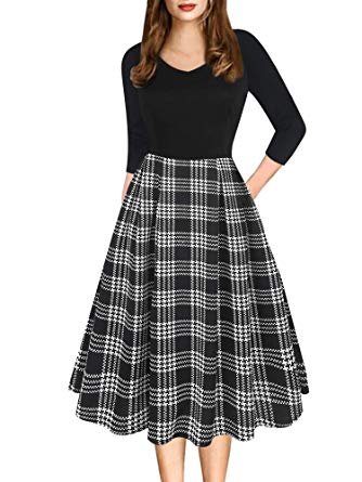 oxiuly Women's Vintage Elegant V-Neck Casual Party Cocktail Swing Work Midi Dress with Pockets OX295