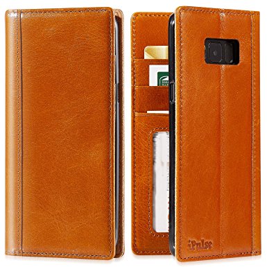 Galaxy S8 Flip Case -- iPulse Journal Series Italian Full Grain Leather Handmade Wallet Case For Samsung Galaxy S8 - [Vintage Book Style ] [Built-in Stand] [Card Slots Holder] - Cognac