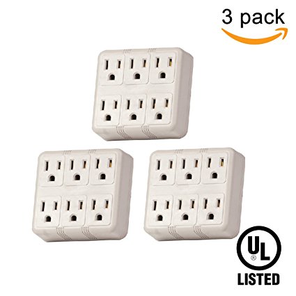 (3 Pack) Uninex Grounded Wall Tap 6 Outlet AC Power Adapter Electrical Plug UL