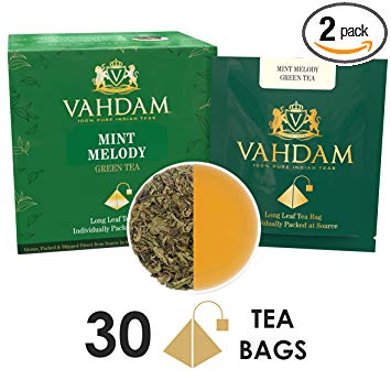 VAHDAM, Mint Green Tea, (30 Tea Bags) | GARDEN FRESH Mint Green Tea Bags | LONG LEAF GREEN TEA Leaves | 100% NATURAL Spearmint & Peppermint Leaves | 15 Pyramid Mint Tea Bags (Set of 2 Boxes)