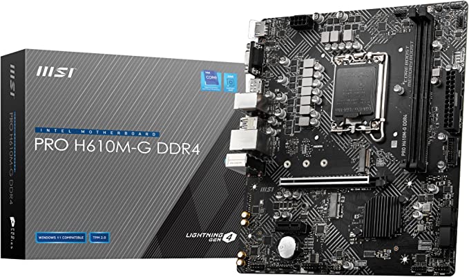 MSI PRO H610M-G DDR4 Motherboard, Micro-ATX - Supports Intel 12th Gen Core Processors, LGA 1700 - 2 x DIMMs (3200MHz), 1x PCIe 4.0 x16 slot, 1 x M.2 Gen3, USB 3.2 Gen1, 1G LAN, HDMI 2.1 & DP 1.4 & VGA