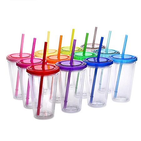 Cupture Classic Candy Insulated Tumbler Cup with Lid, Reusable Straw & Hello Name Tags - 16 oz, 12 Pack (Blue, Orange, Pink, Red, Purple, and Green)